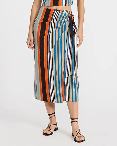 Summer-blend Linen Striped High Waisted Tie Wrap Midi Skirt | Express