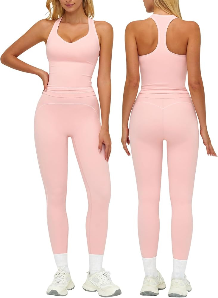 QBGJTD Womens Workout Set Two Piece Racerback Color Block Tank Top Matching High Waist Leggings G... | Amazon (US)