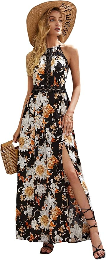 Floerns Women's Summer Tropical Floral Print Halter Neck Split Maxi Dress | Amazon (US)