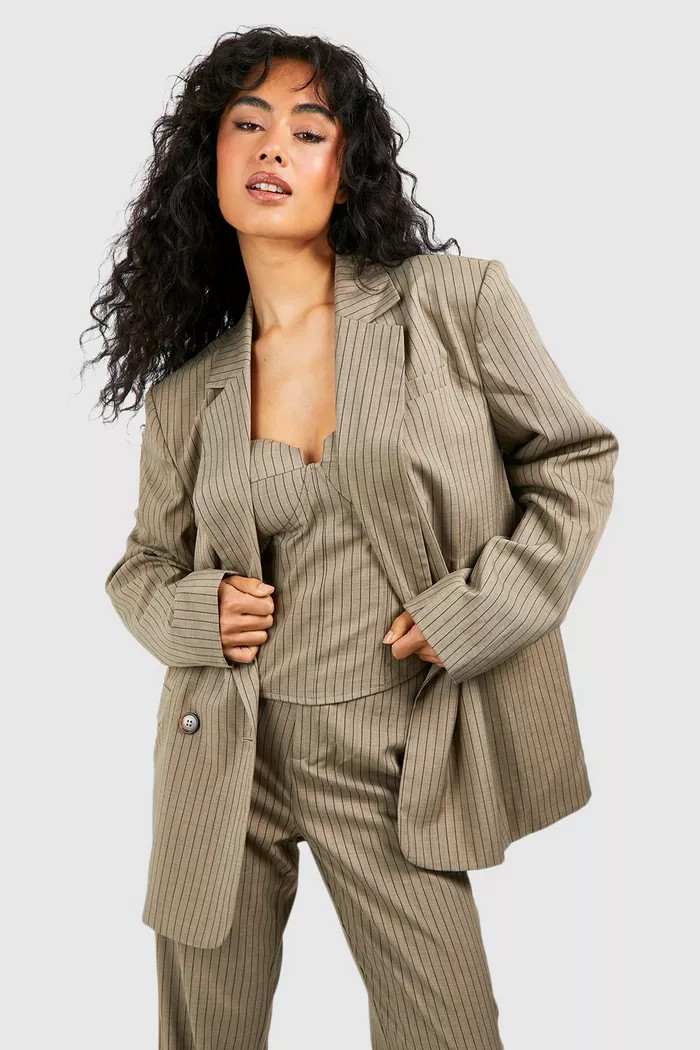 Linen Look Pinstripe Double Breasted Blazer | boohoo (US & Canada)
