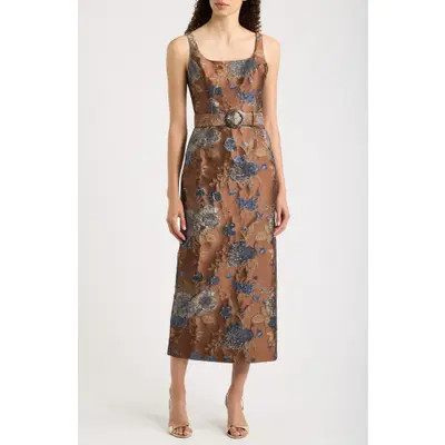 Julia Jordan Belted Jacquard Midi Dress in Brown Taupe at Nordstrom, Size 8 | Nordstrom