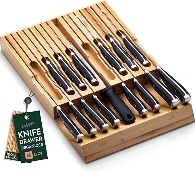 High-Grade 100% Bamboo Knife Drawer Organizer - 16 Knife Slots Plus a Sharpener Slot, Knife Organ... | Amazon (US)