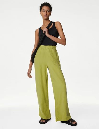 Pure Cotton Wide Leg Trousers | M&S Collection | M&S | Marks & Spencer IE