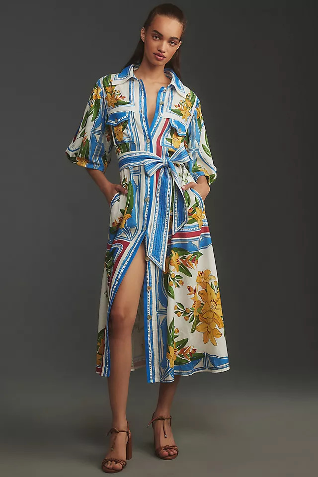 Tropical Destination Tie-Waist Linen Midi Dress | Anthropologie (US)