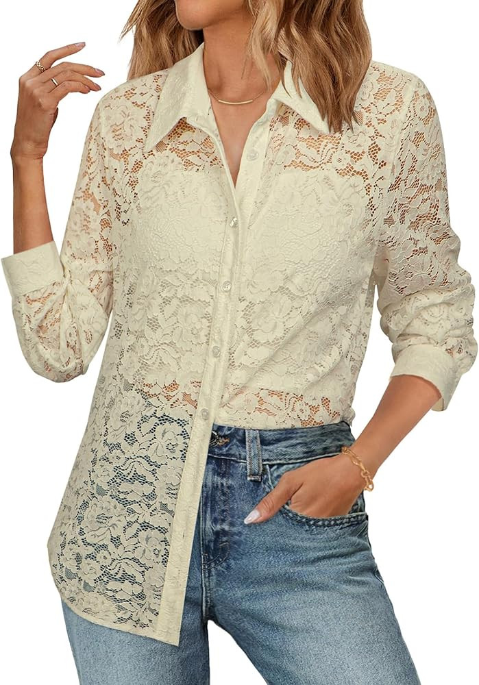 Angashion Women Dressy Casual Tops Long Sleeve Lace Button Up Shirts V Neck Trendy Tunic Loose Bl... | Amazon (US)