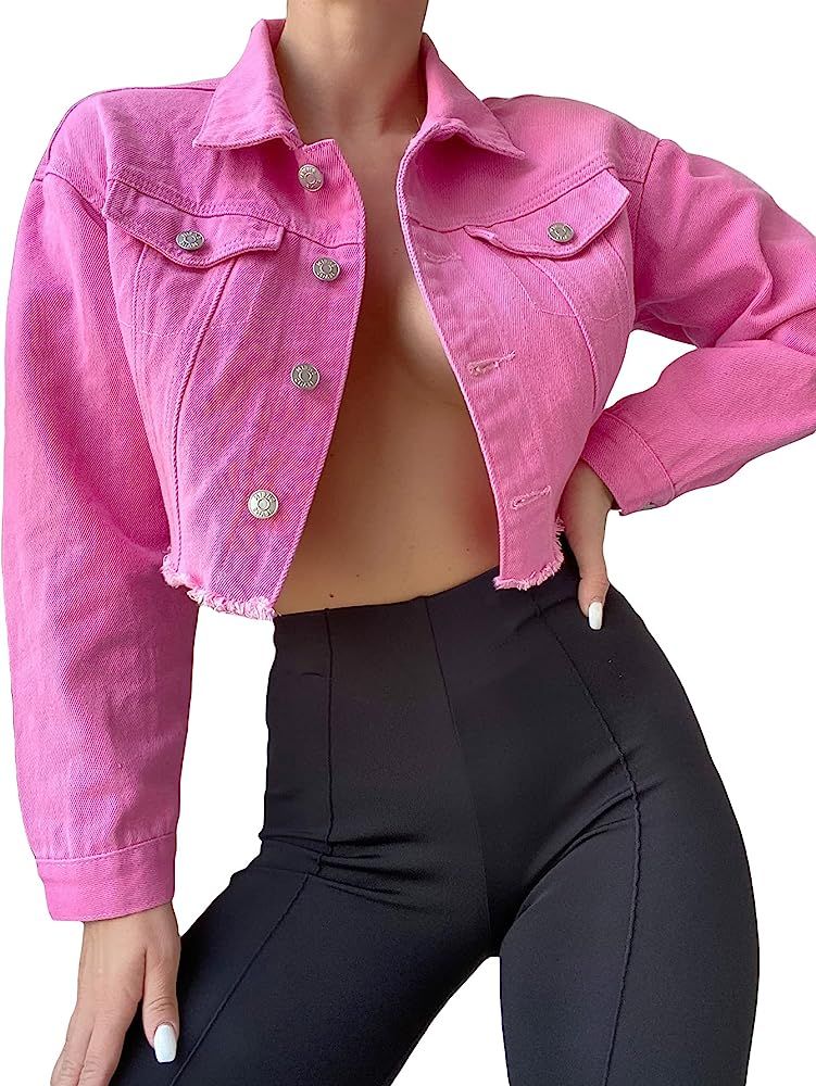MakeMeChic Women's Long Sleeve Denim Jacket Button Down Raw Hem Crop Jean Jacket | Amazon (US)
