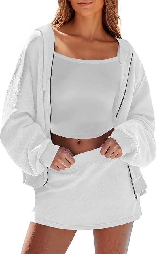 Fisoew Womens Sweatsuits 2 Piece Set Loose Fit Zip Up Skort Set Hoodies Sweatshirt Casual Skorts ... | Amazon (US)