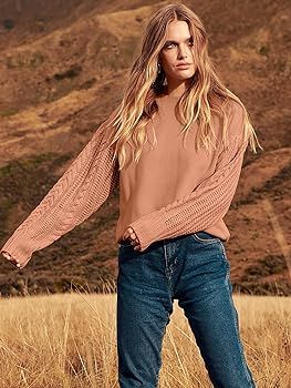 ANRABESS Women's 2023 Fall Sweaters Long Sleeve Crewneck Cable Knit Pullover Oversized Casual Chu... | Amazon (US)