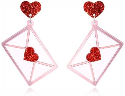 Valentine's Day Earrings for Women - Red Heart Envelope Dangle Jewelry, Valentines Day Outfit Acc... | Amazon (US)