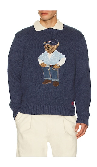 Polo Ralph Lauren Long Sleeve Cotton Linen Novelty Denim Bear Crewneck Sweater in Navy. - size M | Revolve Clothing (Global)