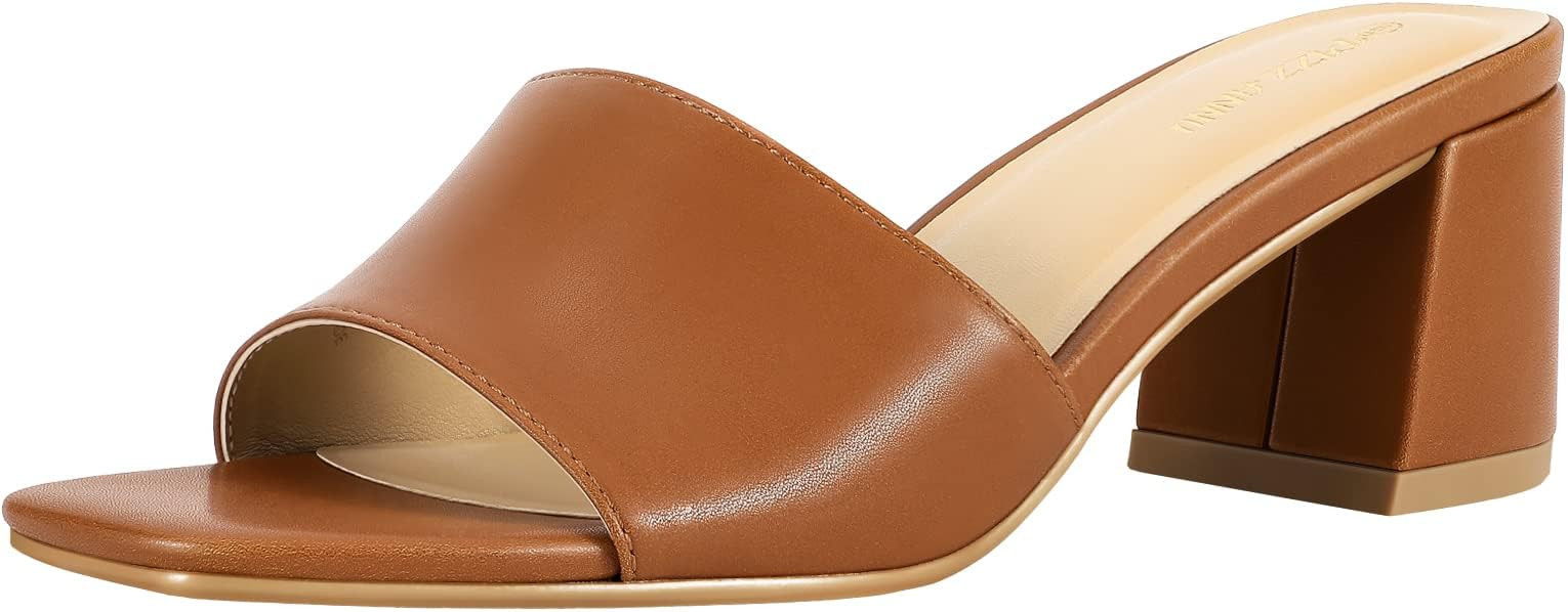 PIZZ ANNU Women's Square Open Toe Heels Sandals Low Block Chunky Heeled Sandal Slip on Mules Comf... | Amazon (US)