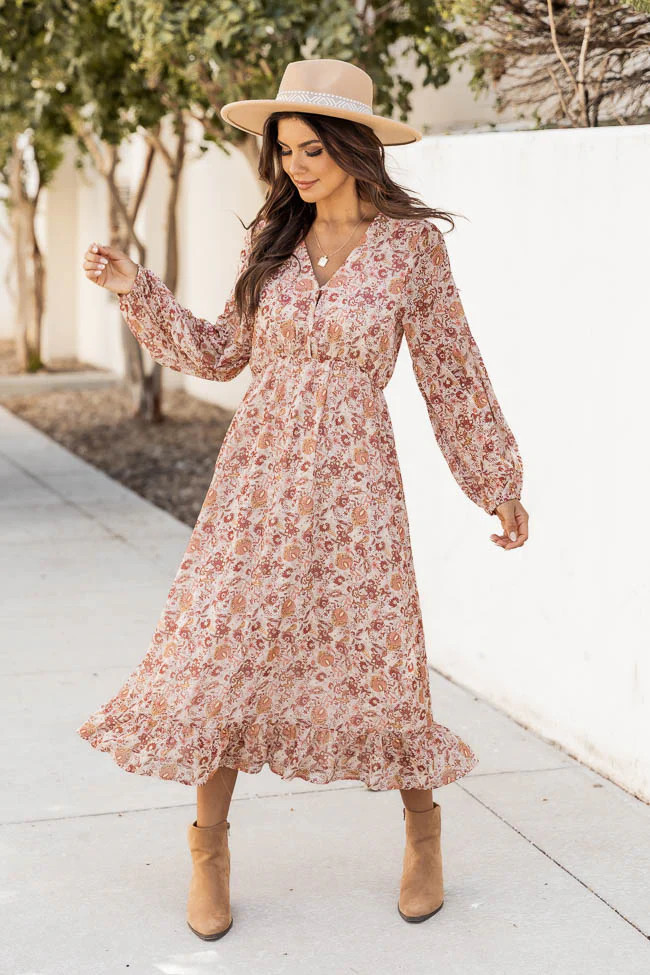 Want It That Way Brown Floral Midi Dress FINAL SALE | Pink Lily