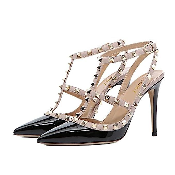 Chris-T Pointed Toe Studded Strappy Slingback High Heel Leather Pumps Stilettos Sandals | Amazon (US)