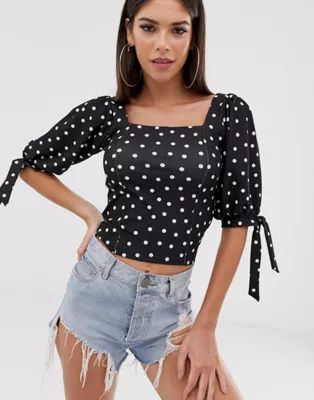 ASOS DESIGN Tall crop square neck top with tie cuff in polka dot | ASOS US