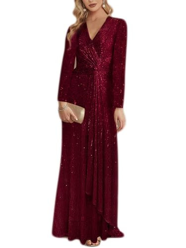 meilun Long Sleeve Sequin Dress for Women Formal Gowns Sparkly V Neck Maxi Dress | Amazon (US)