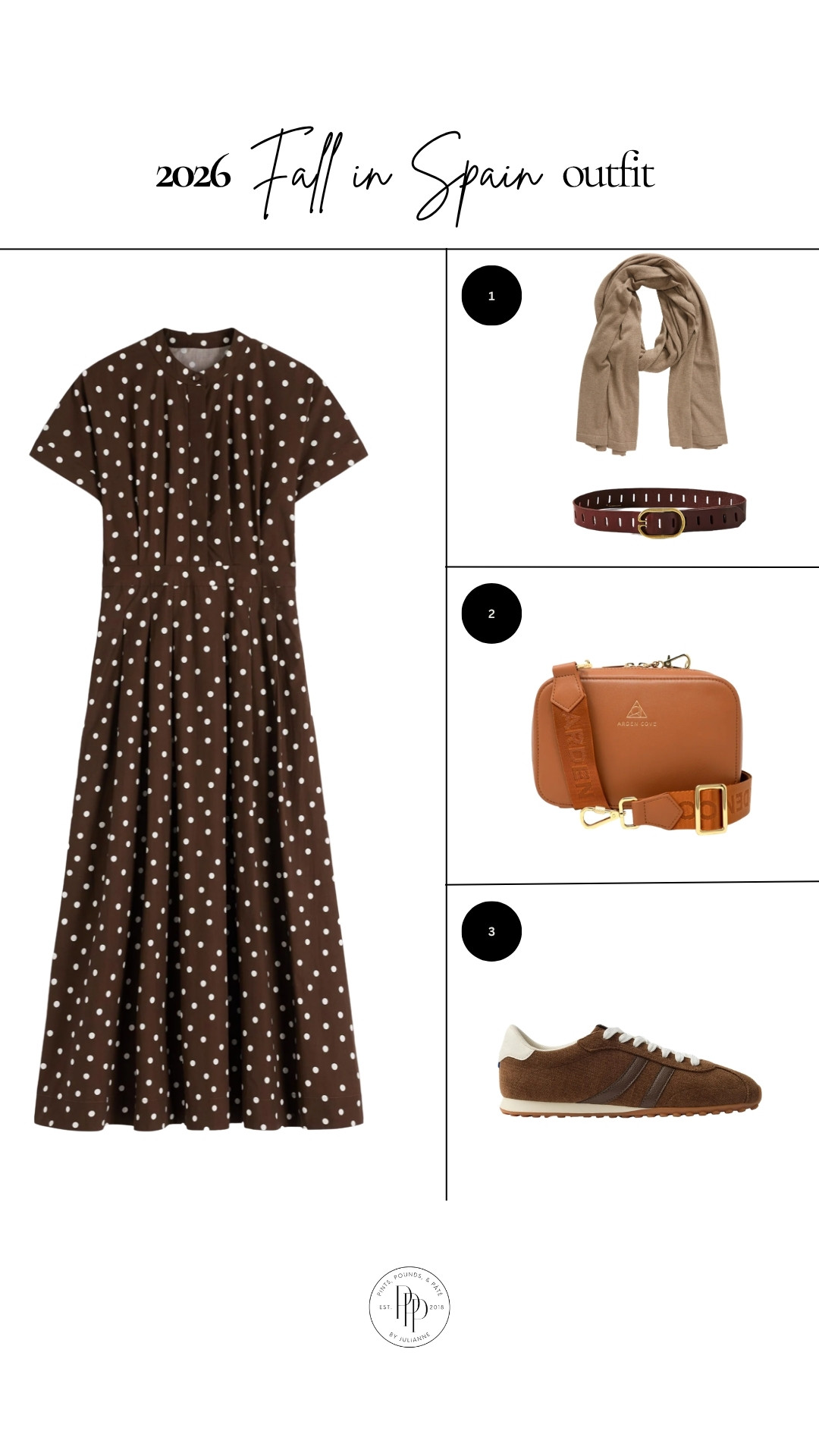 Fall day exploring Spain!! 🍂Polka dots, rich brown accessories and comfy sneakers! 🤎 

 #LTKootd #LTKSeasonal #LTKSaleAlert