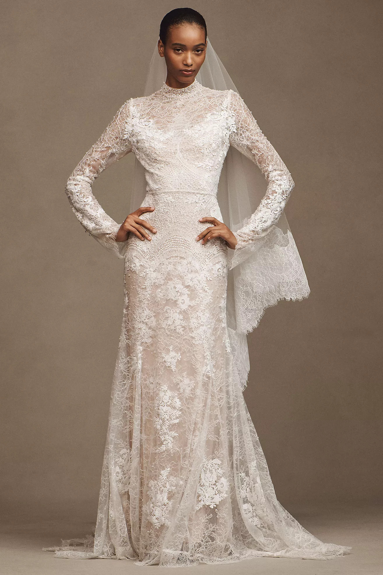 Watters Frances High-Neck Lace Sheath Wedding Gown | Anthropologie (US)