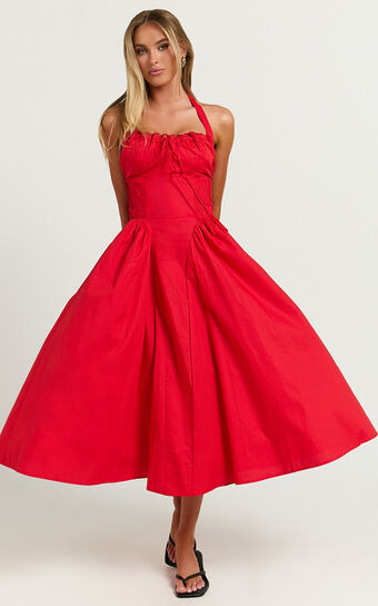Marikris Midi Dress - Ruched Bust Halter Neck Dress in Red | Showpo (US, UK & Europe)