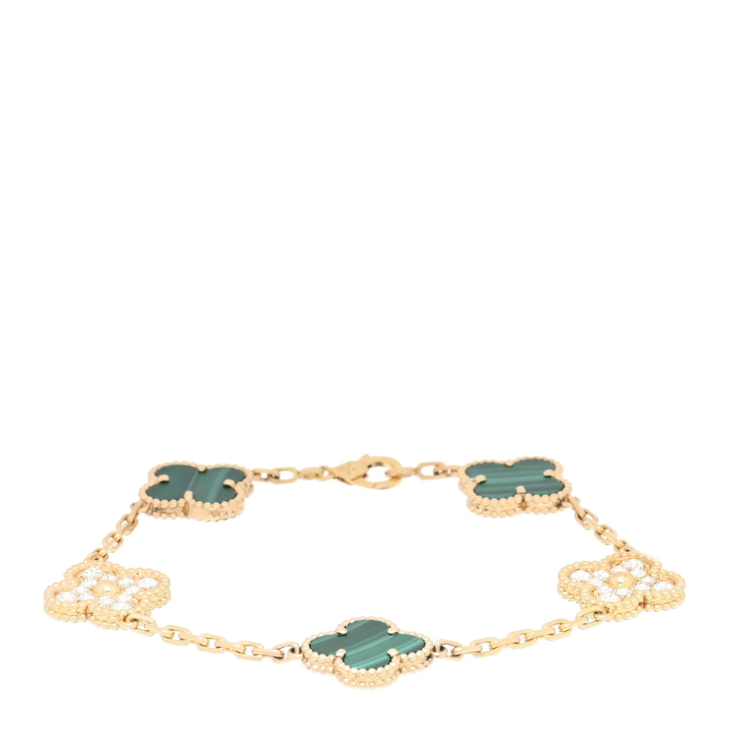 18K Yellow Gold Diamond Malachite 5 Motifs Vintage Alhambra Bracelet | FASHIONPHILE (US)
