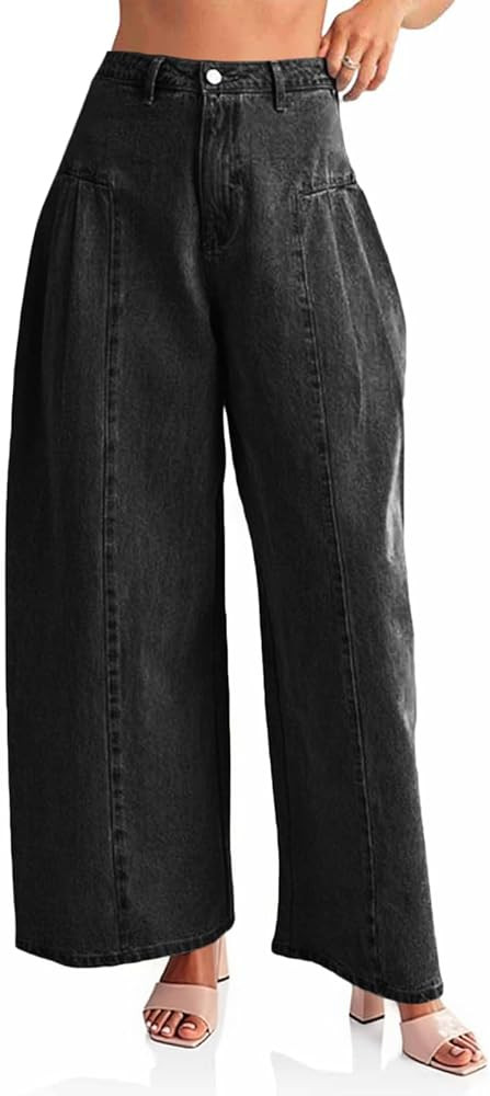 PLNOTME Womens Baggy High Waisted Jeans Loose Boyfriend Wide Leg Side Pleated Denim Pants | Amazon (US)