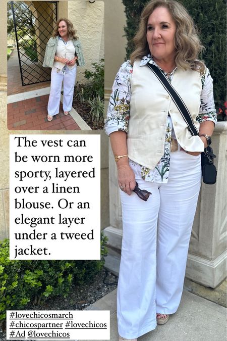 Great spring look by Chicos. Wearing size 2.0 in all. So many ways to wear this vest. 

Spring Outfits white jeans 

#LTKSeasonal #LTKfindsunder100 #LTKover40