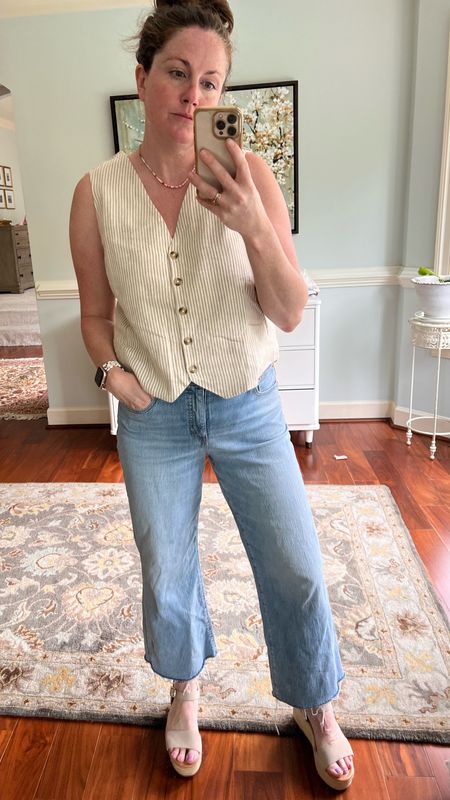 These jeans or those? Flare or straight leg jeans with the linen striped vest.  

#LTKOver40 #LTKMidsize #LTKSeasonal