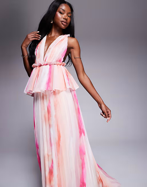 ASOS DESIGN pleated plunge midi dress with peplum in blurred stripe print | ASOS | ASOS (Global)