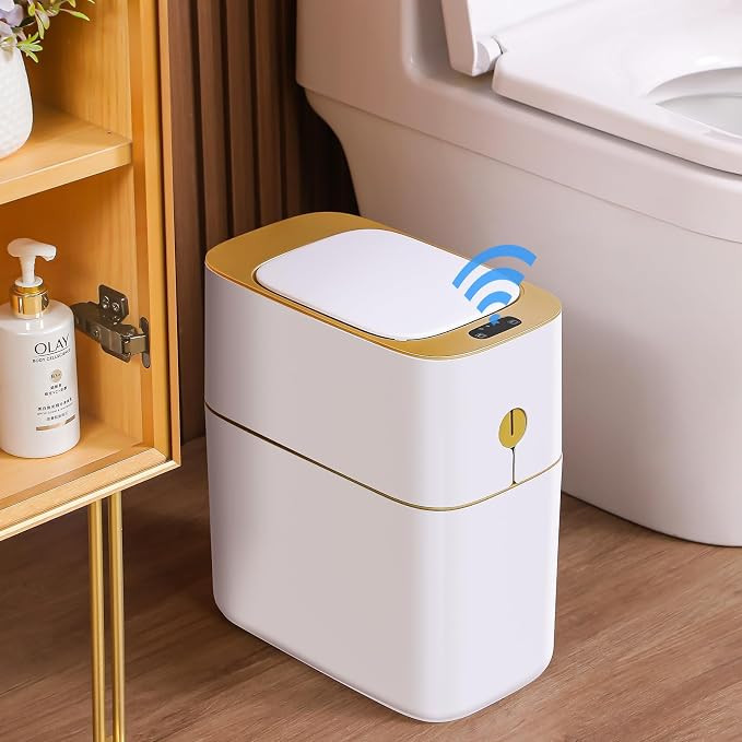 Bathroom Trash Can Automatic 3.5 Gallon Garbage Can - Touchless Gold Trash Can with Lid, Small Pl... | Amazon (US)