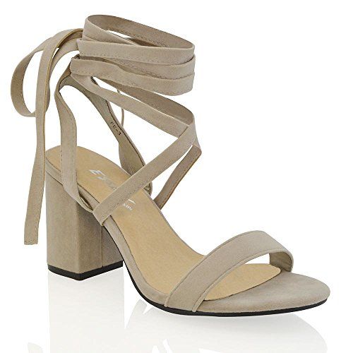 Essex Glam womens grey faux suede lace up block mid heel strappy sandal shoes 7 B(M) US | Amazon (US)