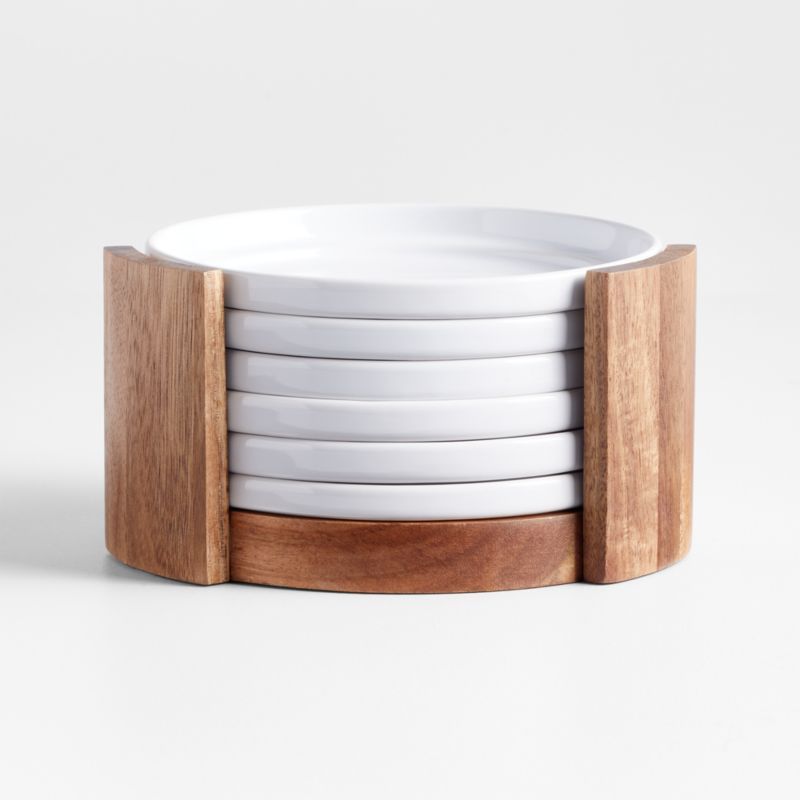 Oven-to-Table White Ceramic Appetizer Plates with Wood Stand, Set of 6 + Reviews | Crate & Barrel | Crate & Barrel