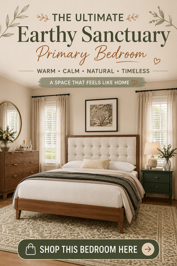 Transform your space into an earthy primary bedroom with warm wood furniture, soft linen curtains, cozy neutral bedding,