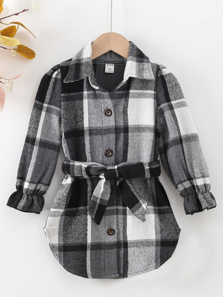 Toddler Girls Plaid Flounce Sleeve Belted Dress | SHEIN