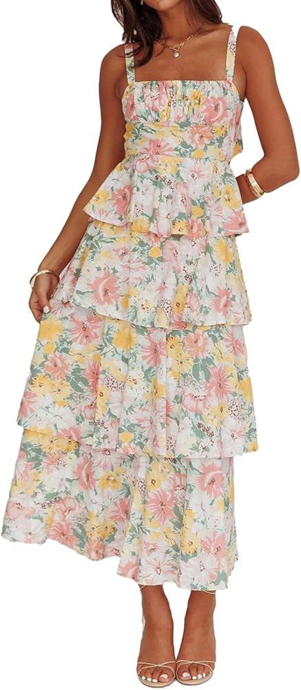 Women Floral Maxi Dress Sleeveless Bow Back Tiered Boho Flowy Long Dresses Summer Fall | Amazon (US)