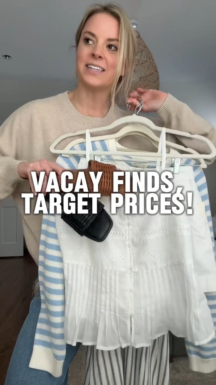 New target vacation finds ⛱️☀️
-small tank and has adjustable straps (shorts are old Agolde)
-small dress (I’m 5’5) has adjustable straps and pockets 
-sized up 1 to a medium in the cardigan 
-size 2 shorts 
-sandals tts 
-size small reversible belt (usually a 2/26 in bottoms) 
-small denim tank 
*small sweater in intro