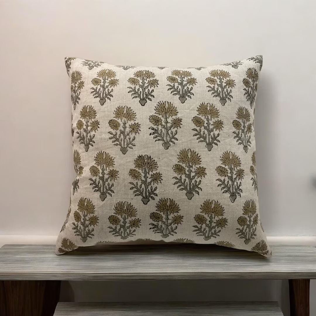 Neutral Block Print Throw Pillows, Decorative Cushion Covers, Linen Designer Pillow, Hand Blocked... | Etsy (US)