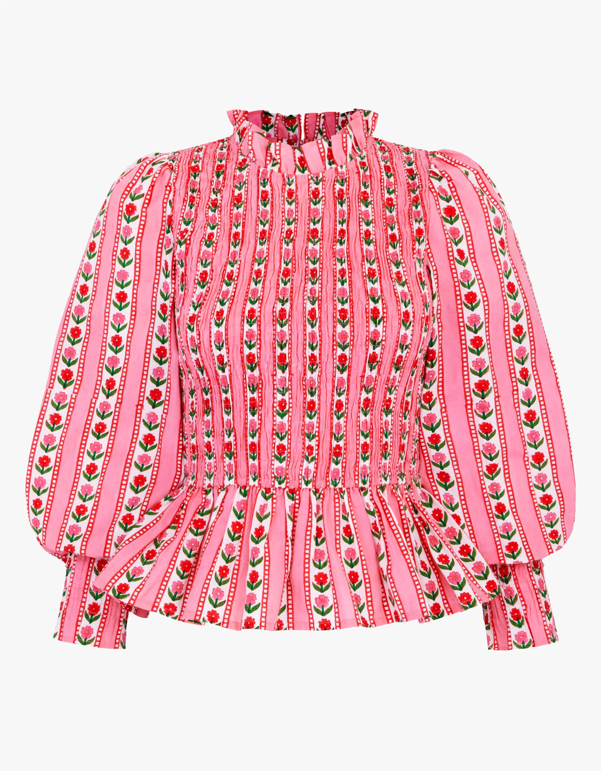 Isabel Top | Pink, Red, White Floral Smocked | Screen Print Cotton | Pink City Prints UK