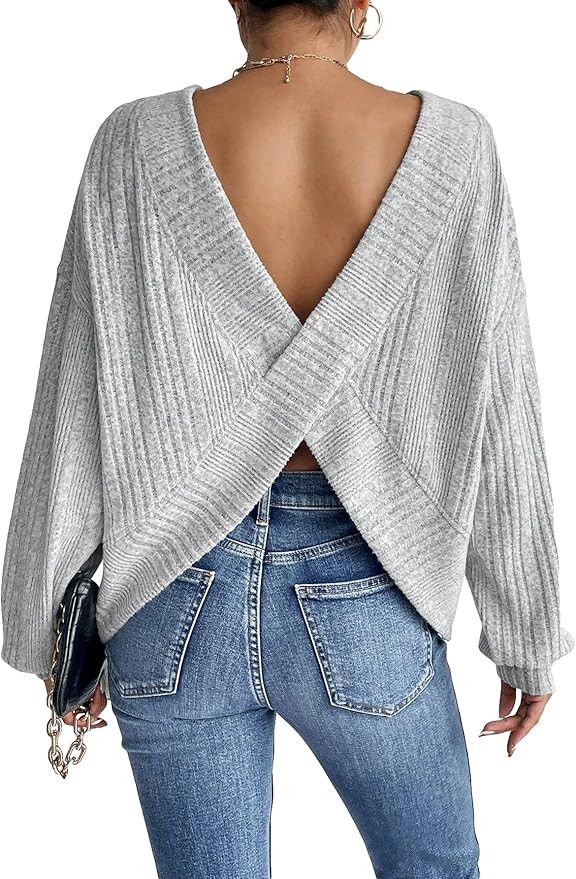 SweatyRocks Women's Criss Cross Round Neck Pullover Sweaters Long Sleeve Loose Cut Out Back Knit ... | Amazon (US)