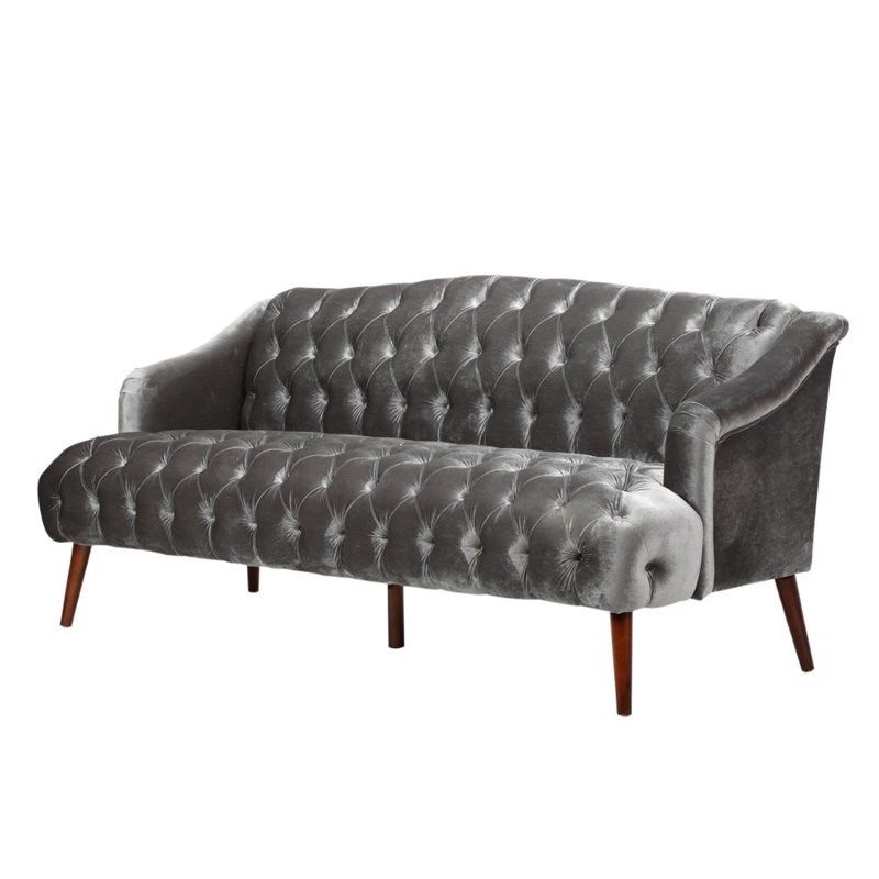 Noble House Adelia Tufted Velvet Sofa in Smoke and Walnut | Homesquare
