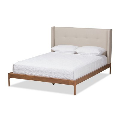 Baxton Studio King Brooklyn Mid Century Modern Walnut Wood Fabric Upholstered Platform Bed Beige: Metal Frame, No Box Spring Needed | Target