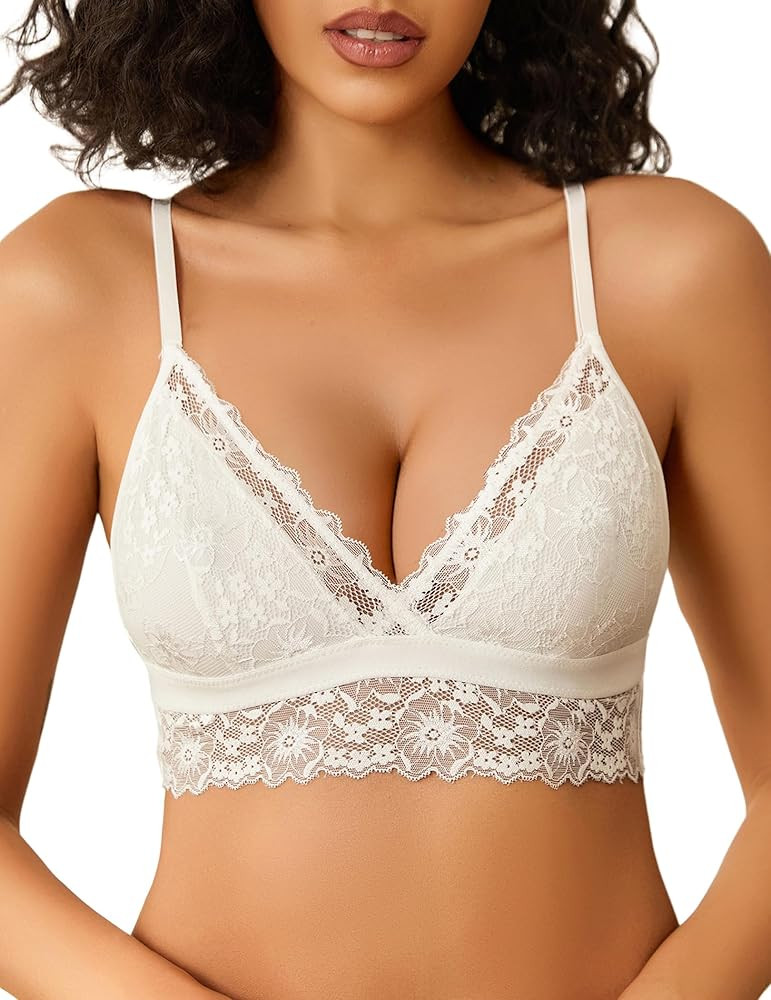 Avidlove Lace Bralette for Women Sexy Wireless Bralettes Non Padded Bralette V Neck Minimizer Lin... | Amazon (US)