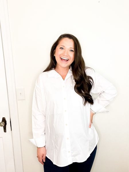 White button down. Work wear. Work outfit. Button up. Coastal grandmother. Classic. Preppy style. Walmart. Look for less. Over sized blouse

#LTKworkwear #LTKunder50 #LTKstyletip