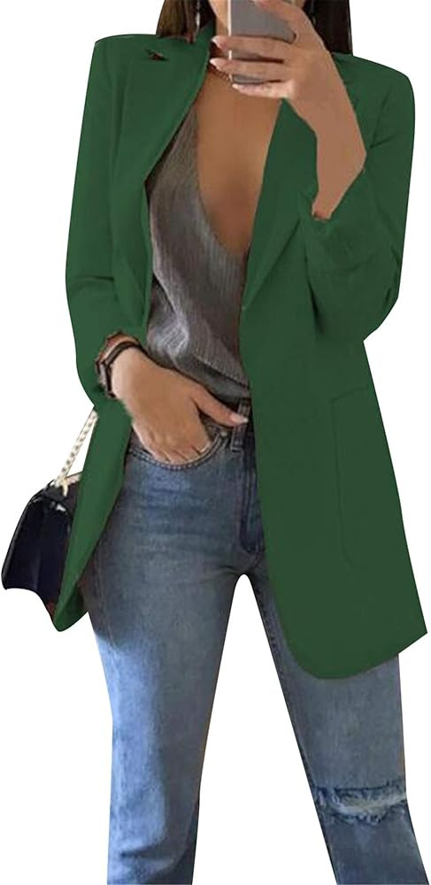 BOFETA Women's Solid Color Blazer Cardigan Casual Long Sleeve Plus Size Blazer with Pockets | Amazon (US)