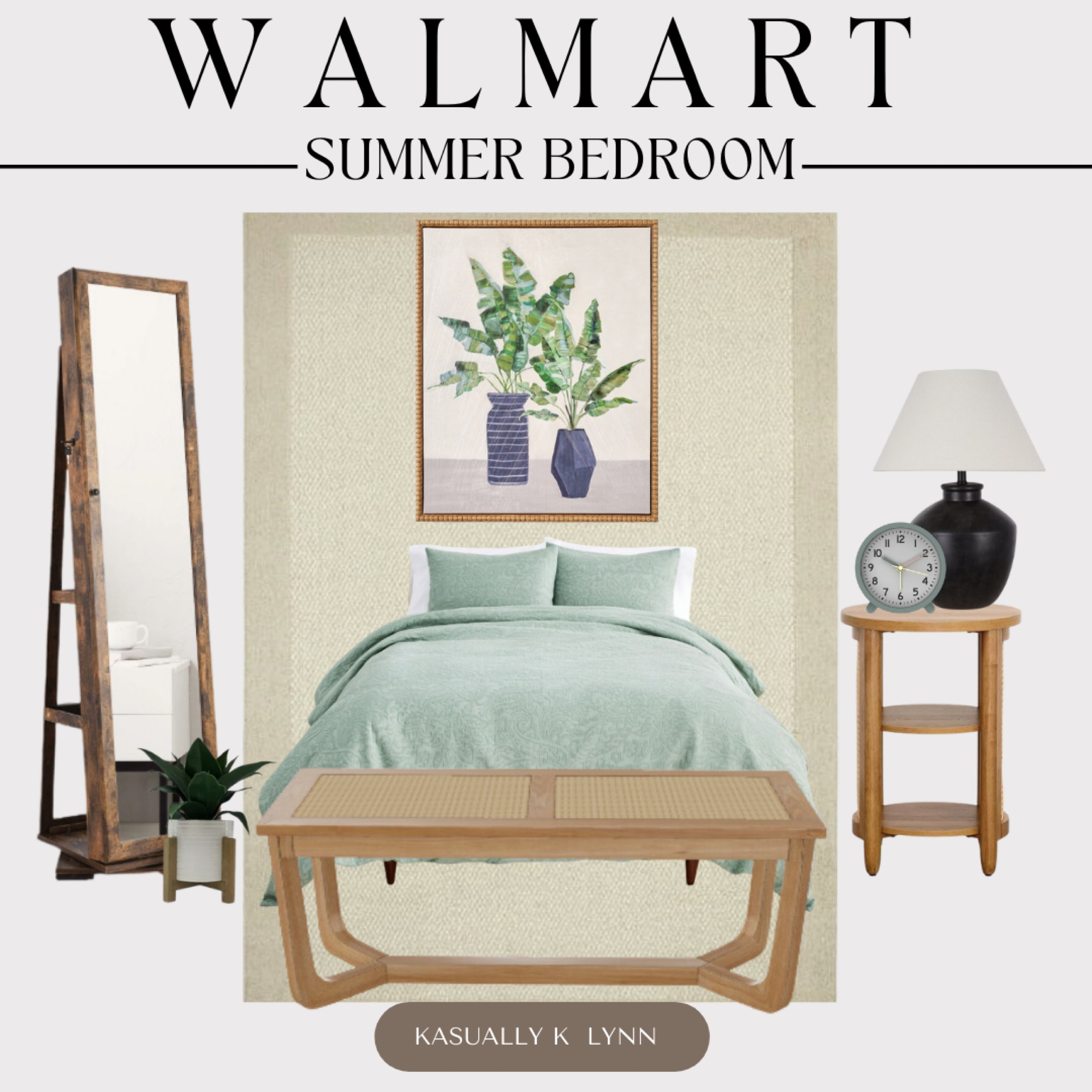Walmart Summer Bedroom!! beige border indoor living room rug. banana leaves vibrant plant crystal art wall hanging decoration. mini green analog alarm clock. artificial 10 inch plant in white ceramic pot with wood stand. wood bench with solid wood frame by drew barrymore. 360º spinning lockable mirror jewelry box. light honey round side table. black basic urn shaped table lamp. 3 piece sage colored duvet set.

#LTKHome #LTKxWalmart #LTKSummerSales