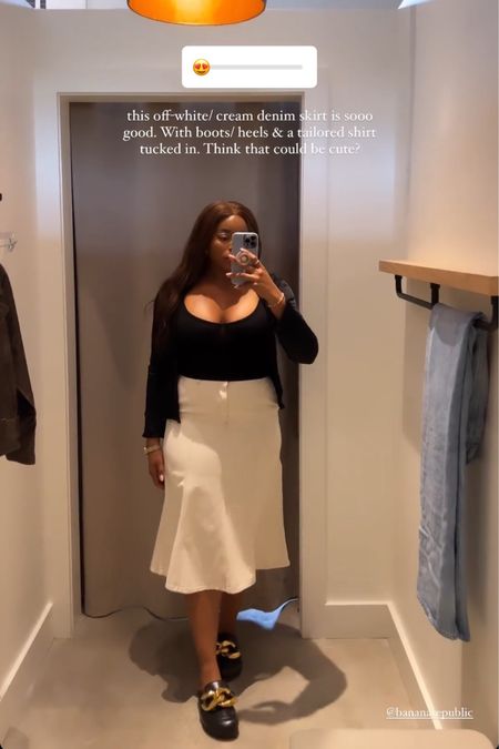 Off-white denim midi skirt from banana republic is going to be perfect for fall outfits, workwear and back to school 
Outfit linked below! 

#LTKFind #LTKBacktoSchool #LTKworkwear