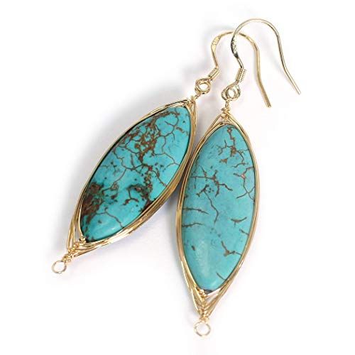 Natural Stone Wire Wrap Dangle Drop Earrings Gold Plated 925 Sterling Silver Hook/Turquoise Oval ... | Amazon (US)