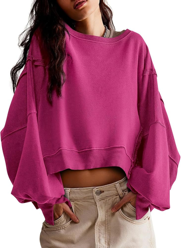 Zwurew Womens Casual Sweatshirt Long Sleeve Tops Crewneck Loose Fit Tee Pullover Crop Tshirt Side... | Amazon (US)