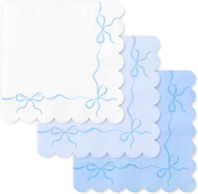 150Pcs Blue Bow Napkins Watercolor Bow Disposable Napkins with Scalloped Edge White Blue Paper Lu... | Amazon (US)