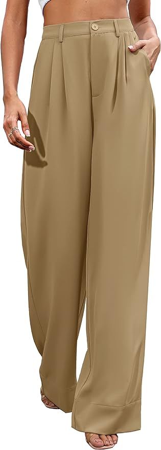Kocowoo Women Casual Wide Leg Pants Button Down Straight Long Trousers Pants Elastic High Waist D... | Amazon (US)