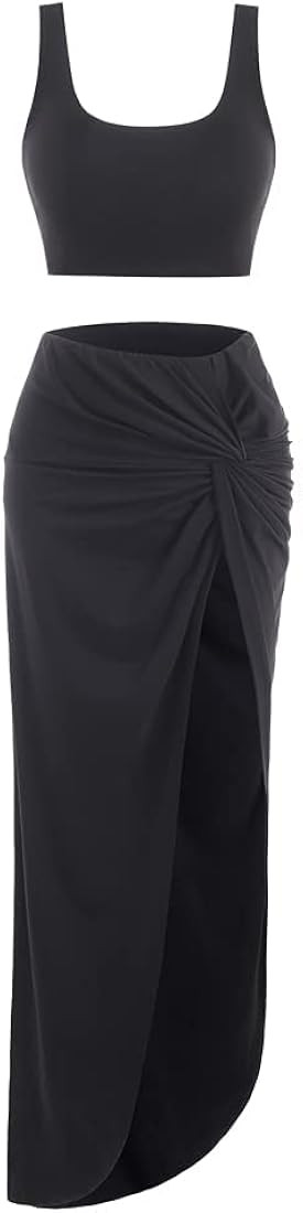 ZAFUL Women's Casual Sleeveless Summer Two Piece Outfits Crop Top and Side Split Draped Ruched Ma... | Amazon (US)
