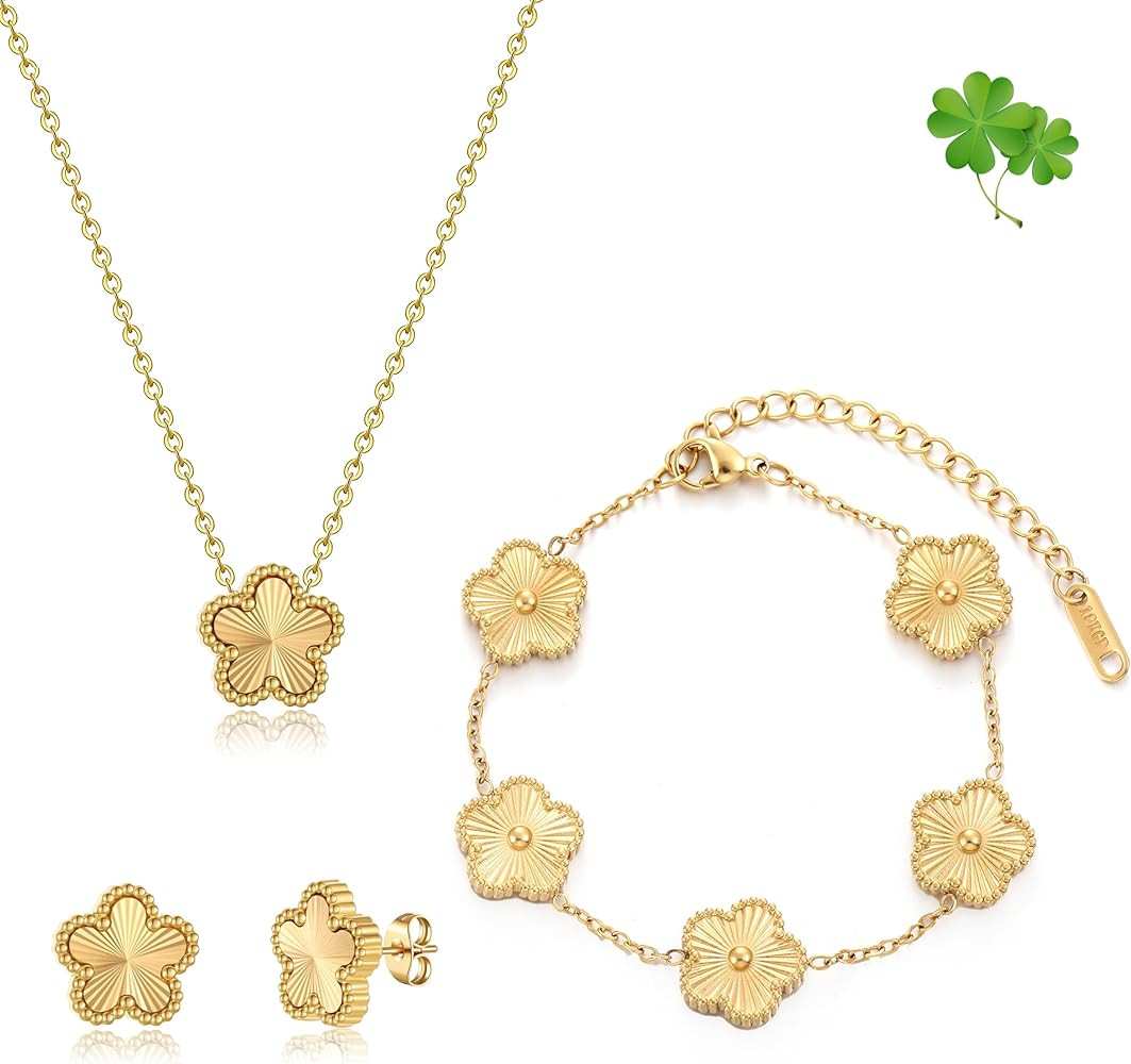 Four Leaf Clover Bracelet Set for Women - 18K Gold Plated Flower Lucky 4 Leaf Necklace Bracelet E... | Amazon (US)